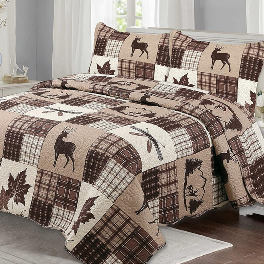 Brown Cabin Deer & Maple Leaves 3 Piece Bedding Quilt Set