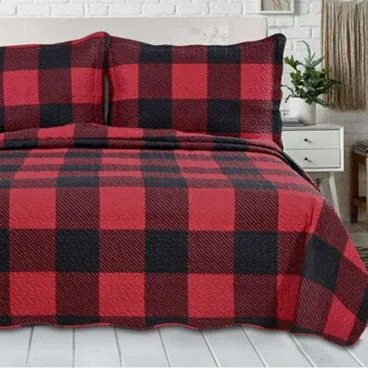 Red Black Buffalo Plaid 3 Piece Bedding Quilt Set
