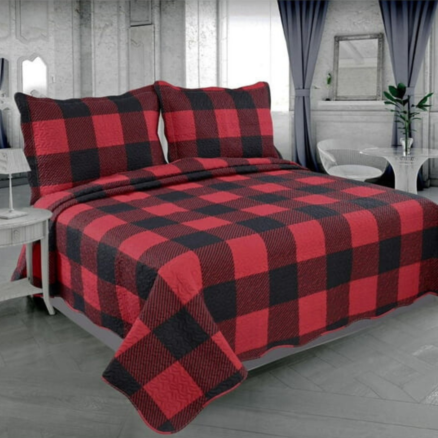 Red Black Buffalo Plaid 3 Piece Bedding Quilt Set