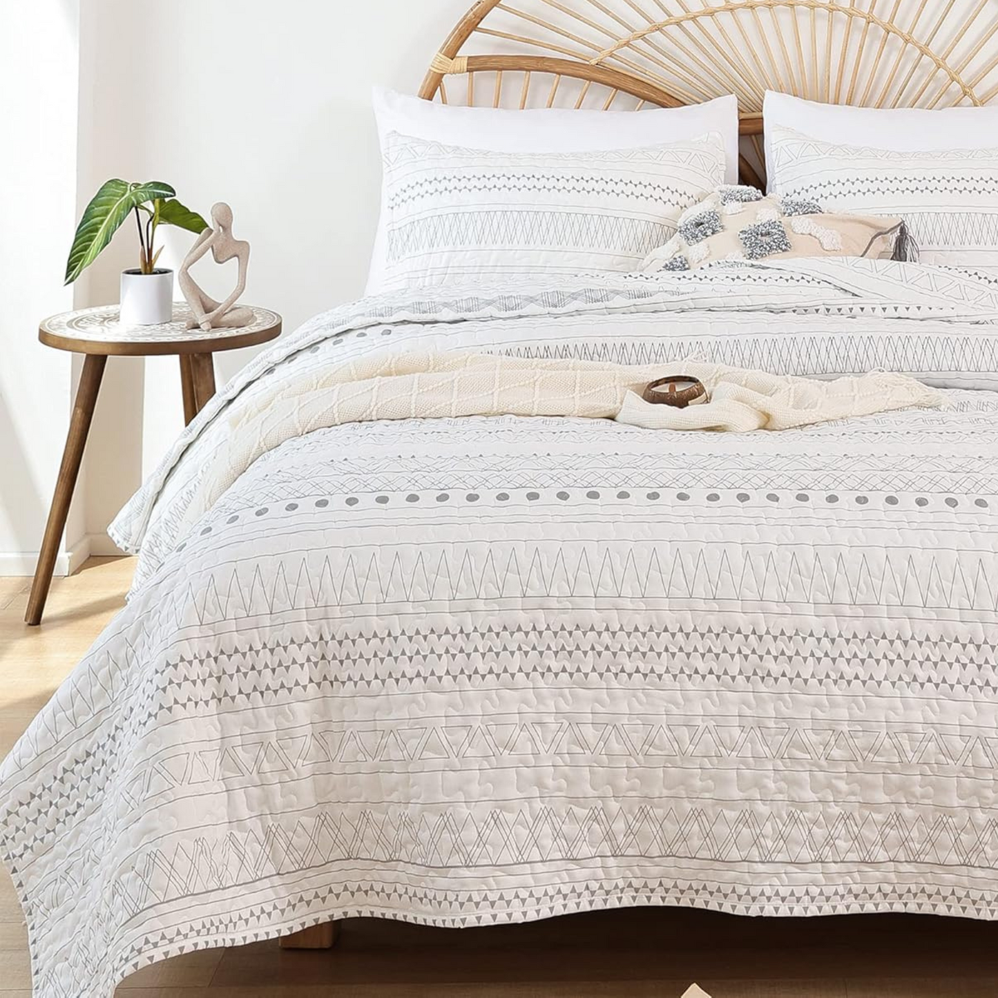 Ensemble de courtepointe réversible 3 pièces Boho Aztec blanc et gris