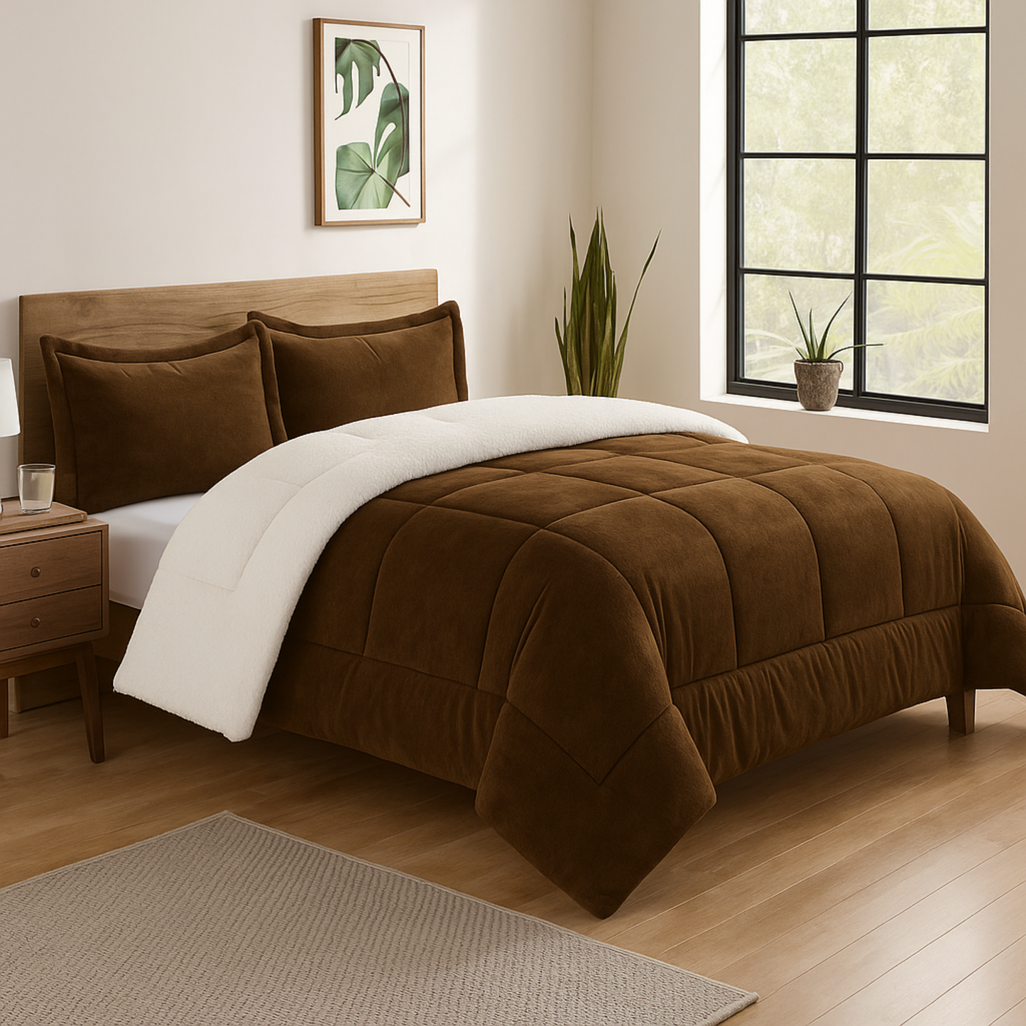 Brown Reversible Sherpa 3 Piece Comforter Set