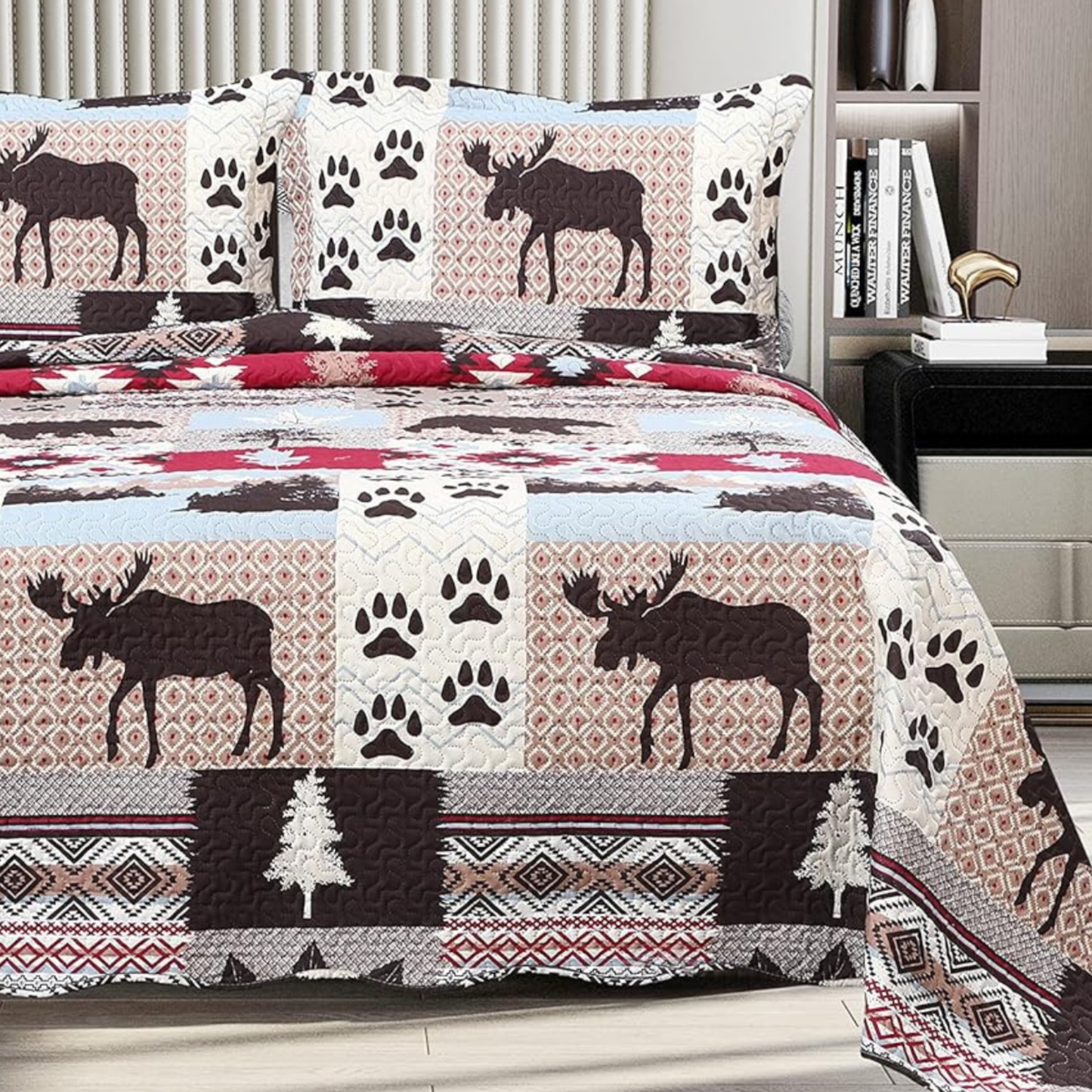Brown Cabin Moose & Bear Paws 3 Piece Bedding Quilt Set