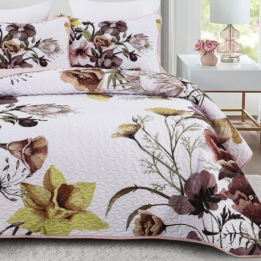 Boho Blush Floral Reversible 3 Piece Bedding Quilt Set