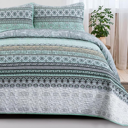 Bohemian Green Reversible 3 Piece Bedding Quilt Set