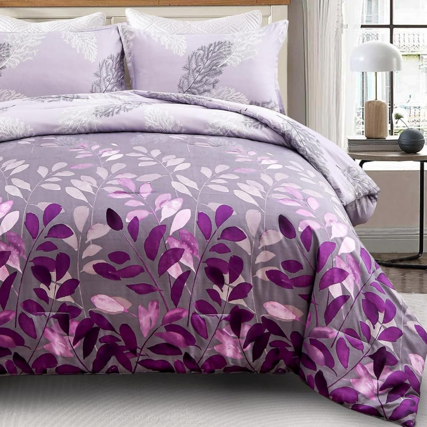 Botanical Purple Leaves 3 Piece Comforter Set