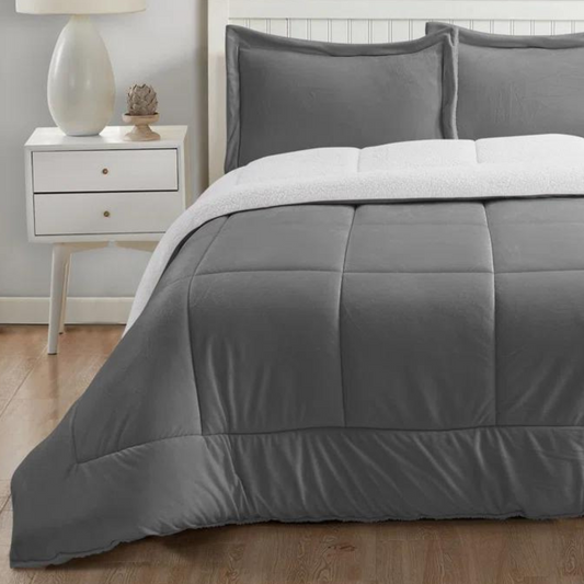 Ensemble d'édredon réversible gris 3 pièces en sherpa