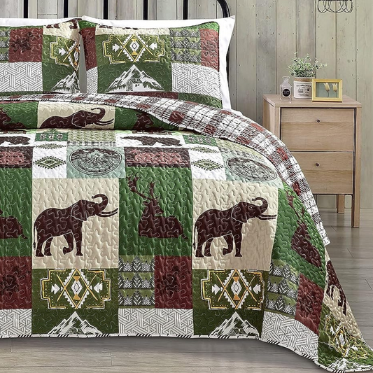 Ensemble de couvre-lit 3 pièces rustique ours et éléphant marron et vert