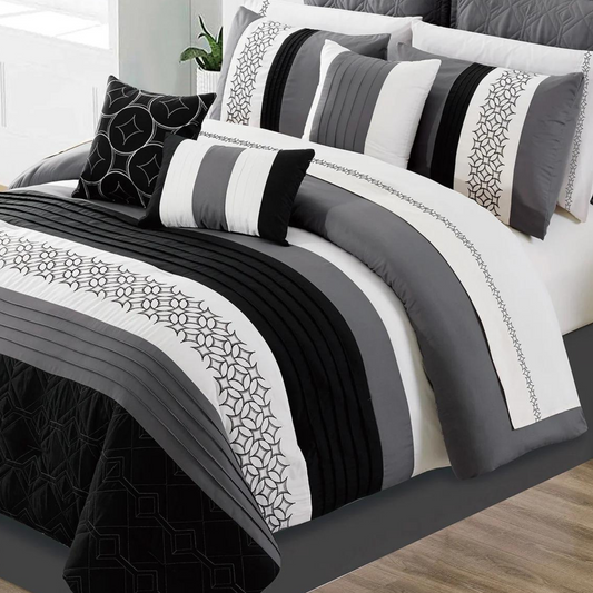 Black Grey White 7 Piece Comforter Set (Includes 3 Cushions)