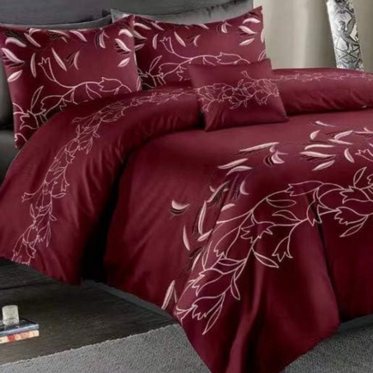 Wine Red Floral - 3 Piece Queen Duvet Cover Set