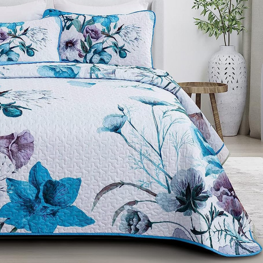 Boho Blue Floral Reversible 3 Piece Bedding Quilt Set