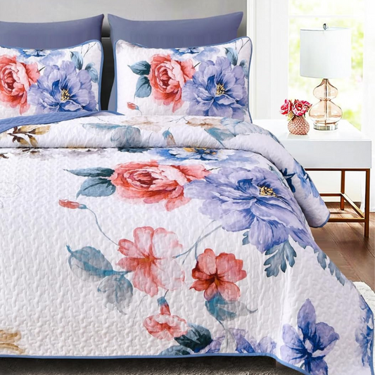 Botanical Blue Floral Reversible 3 Piece Quilt Set