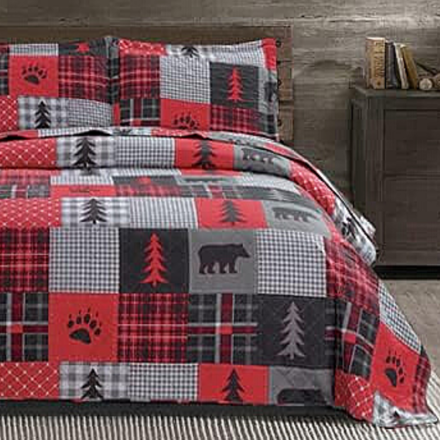Red Plaid Bear 3 Piece Bedding Quilt Set