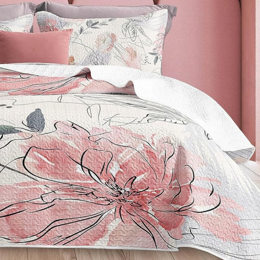Ensemble de courtepointe réversible à motif floral abstrait rose 3 pièces
