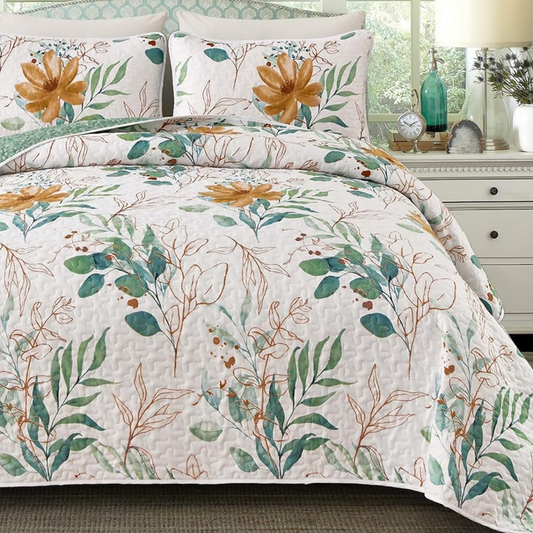 Botanical Sage Green & Golden Leaves Reversible 3 Piece Quilt Set