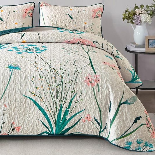 Country Rustic Blue & Pink Floral 3 Piece Reversible Quilt Set