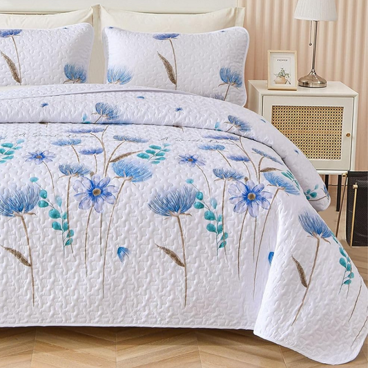 Blue Wild Flowers 3 Piece Bedding Quilt Set