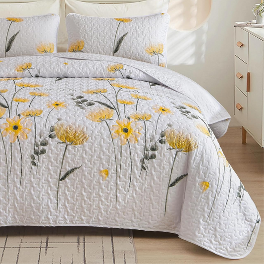 Yellow Floral 3 Piece Bedding Quilt Set
