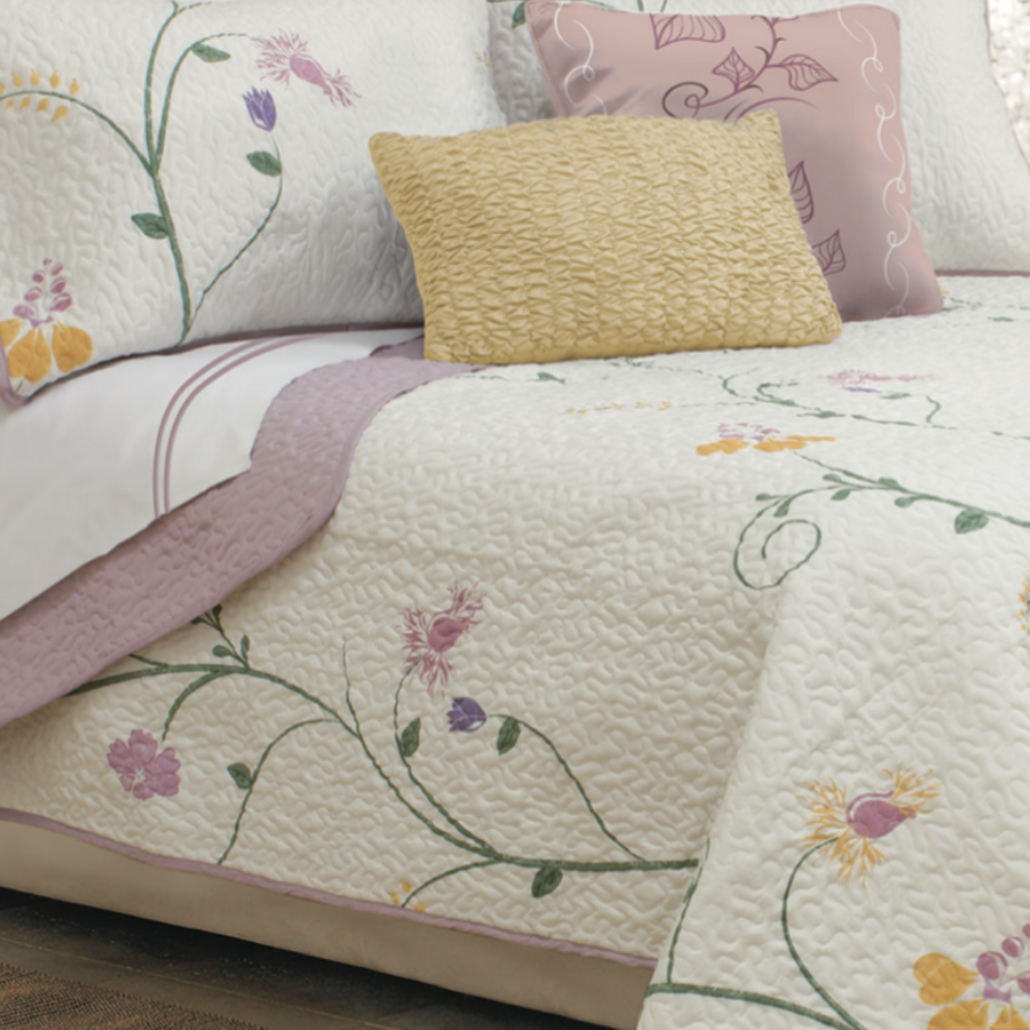 Pink & Yellow Floral 3 Piece Bedding Quilt Set