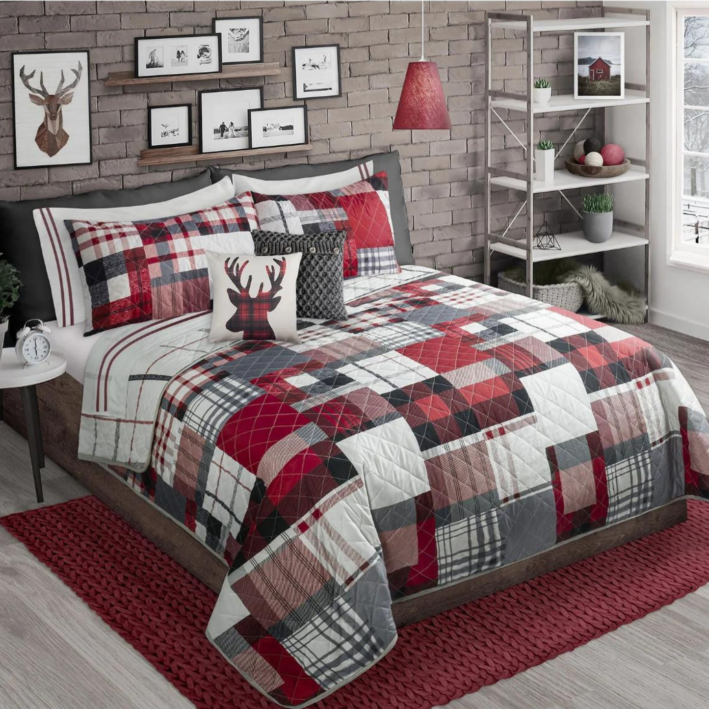 Red & White Patchwork Reversible Bedding Quilt Set