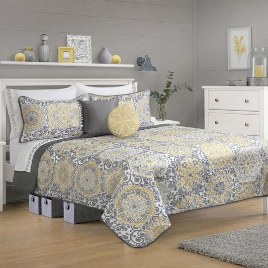 Yellow & Grey Mandalas Reversible 3 Piece Bedding Quilt Set
