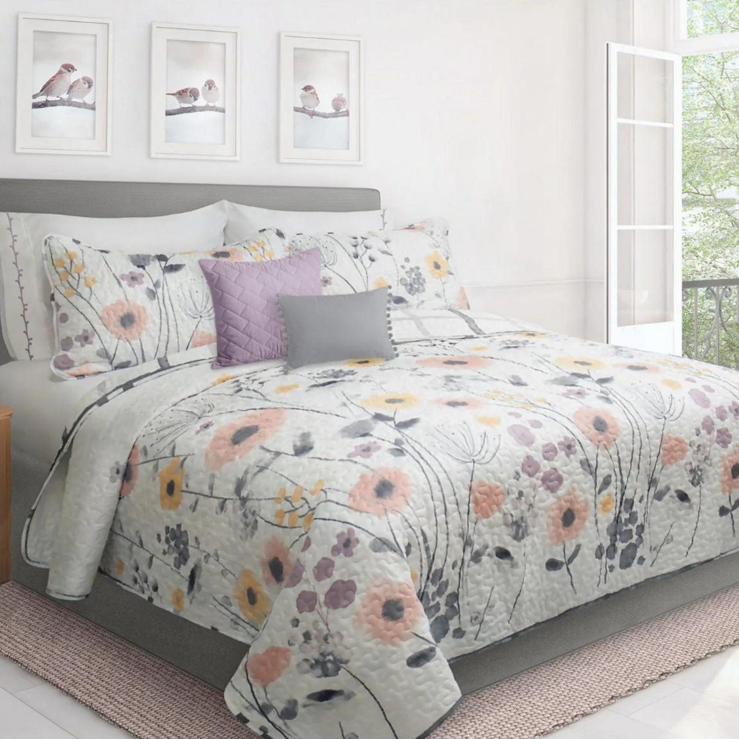 Colourful Blooms Serenity Reversible 3 Piece Bedding Quilt Set