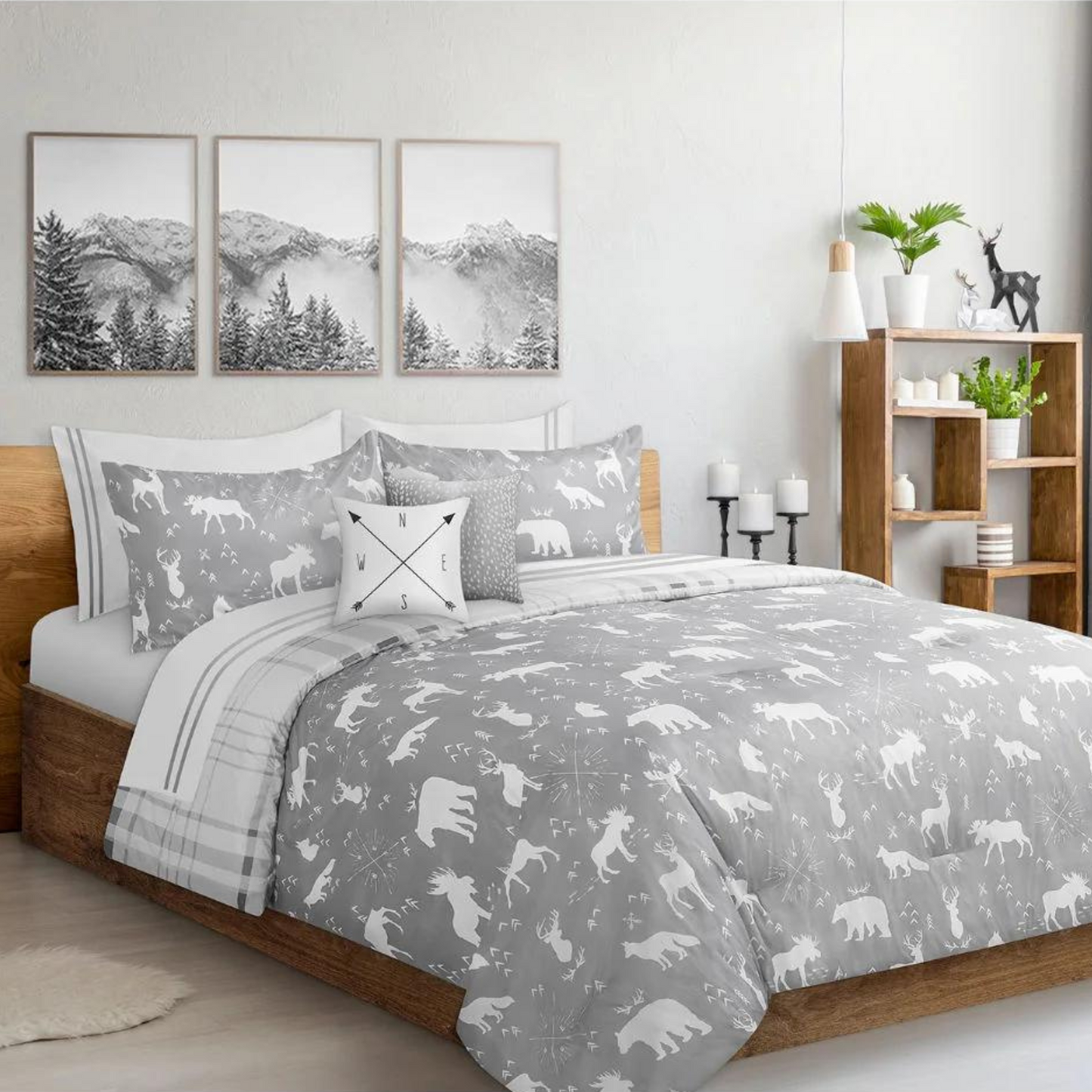Grey Wildlife Plaid 3 Piece Comforter Set