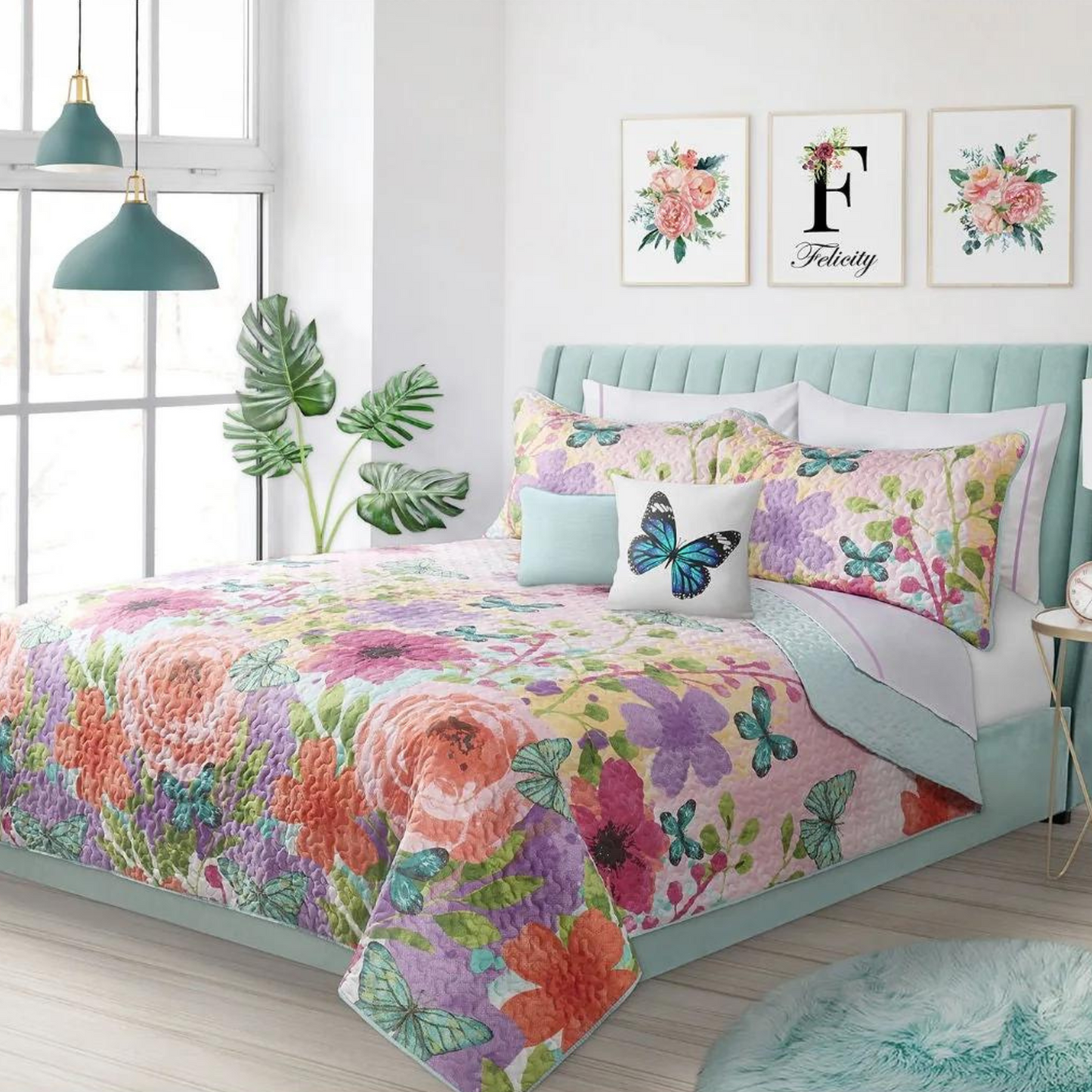Floral Butterfly 3 Piece Bedding Quilt Set