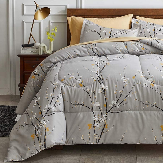 Botanical Grey & Tan Floral Branches 7 Piece Comforter Set