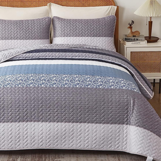 Boho Blue & Grey Reversible 2/3 Piece Bedding Quilt Set