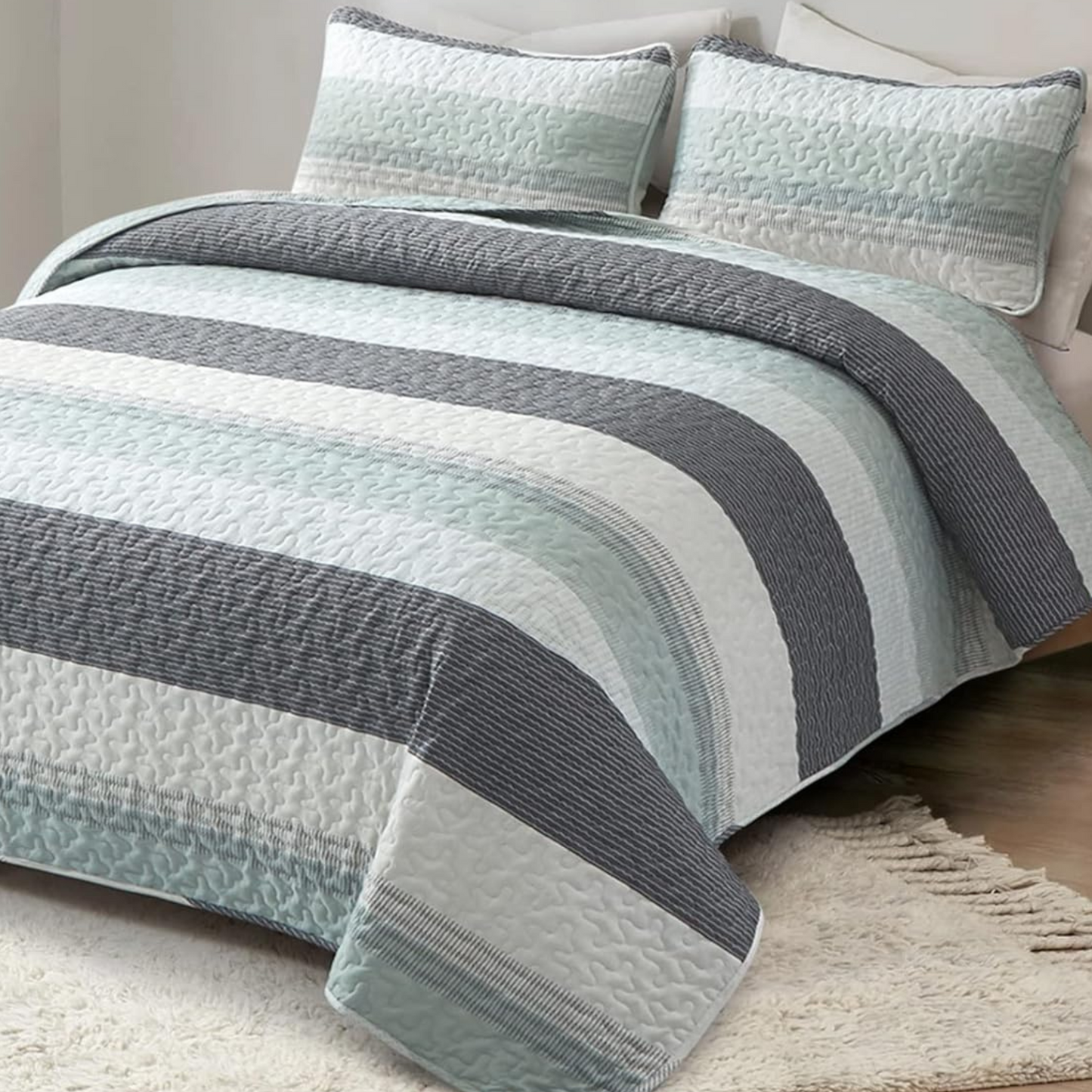 Boho Mint Green & Grey Reversible 2/3 Piece Bedding Quilt Set