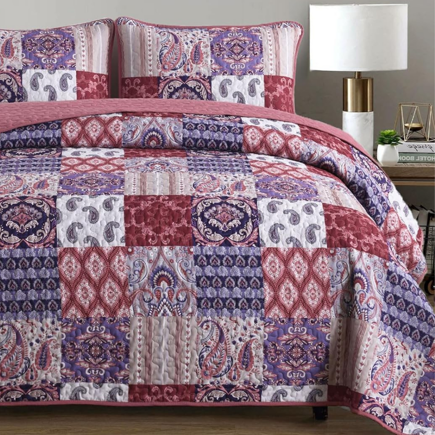 Rose Red Paisley Patchwork 3 Piece Quilt Set