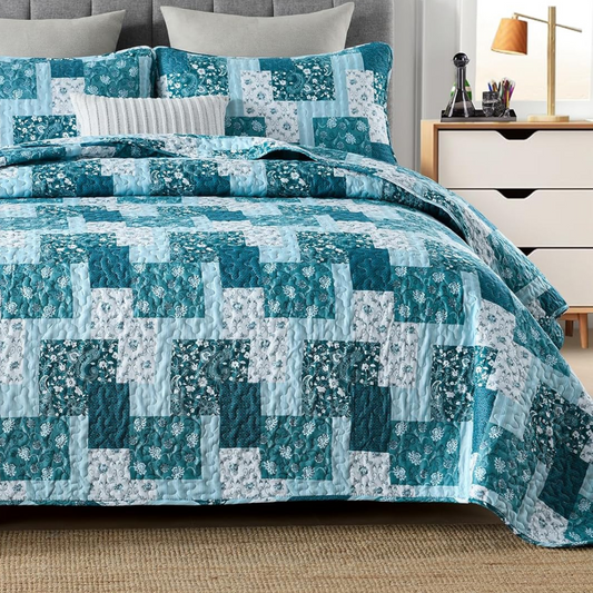 Teal Floral Paisley Patchwork 3 Piece Bedding Quilt Set