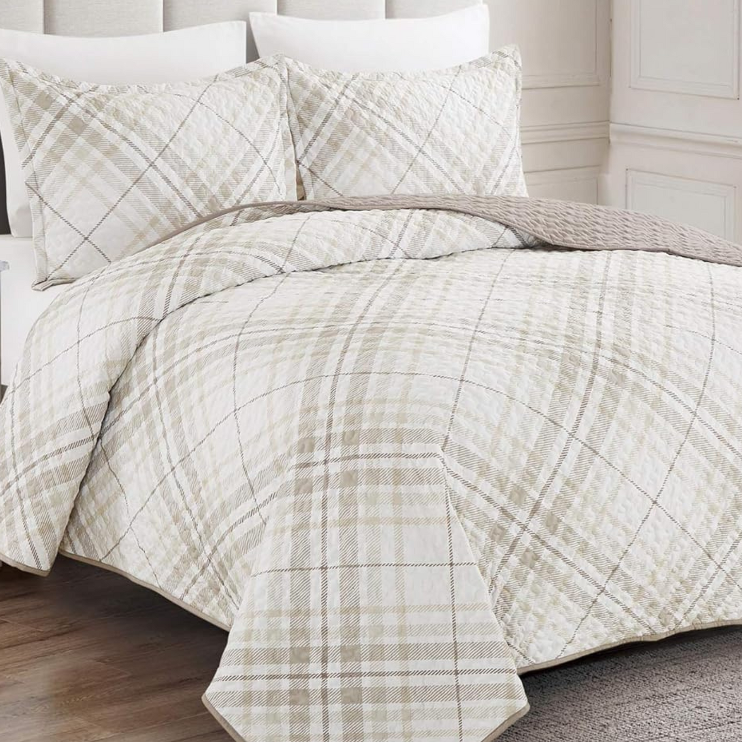 Beige Taupe Brown Plaid 3 Piece Bedding Quilt Set