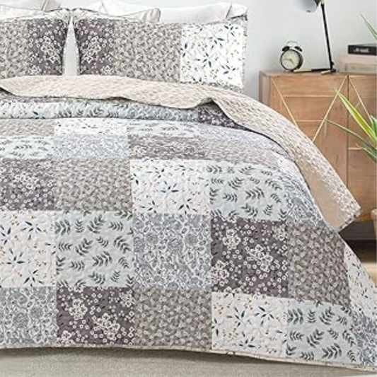 Ensemble de literie 3 pièces patchwork floral rose gris et marron