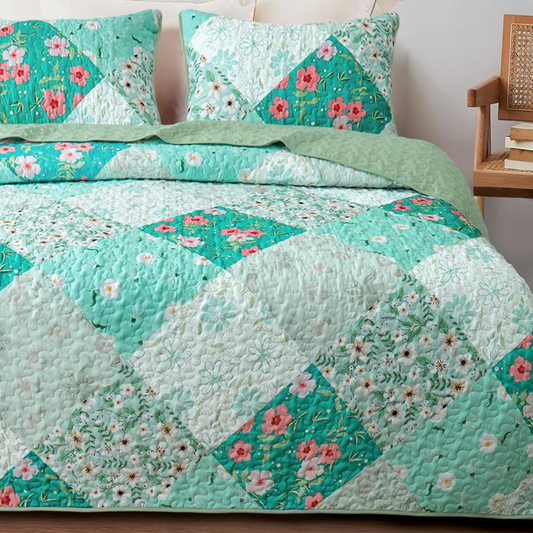 Ensemble de literie 3 pièces patchwork floral bleu et vert