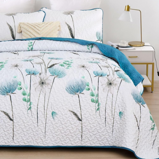 Blue & Teal Wild Flowers 3 Piece Bedding Quilt Set