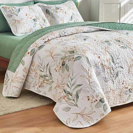 Botanical Green & Gold Leaves Reversible 3 Piece Bedding Quilt Set