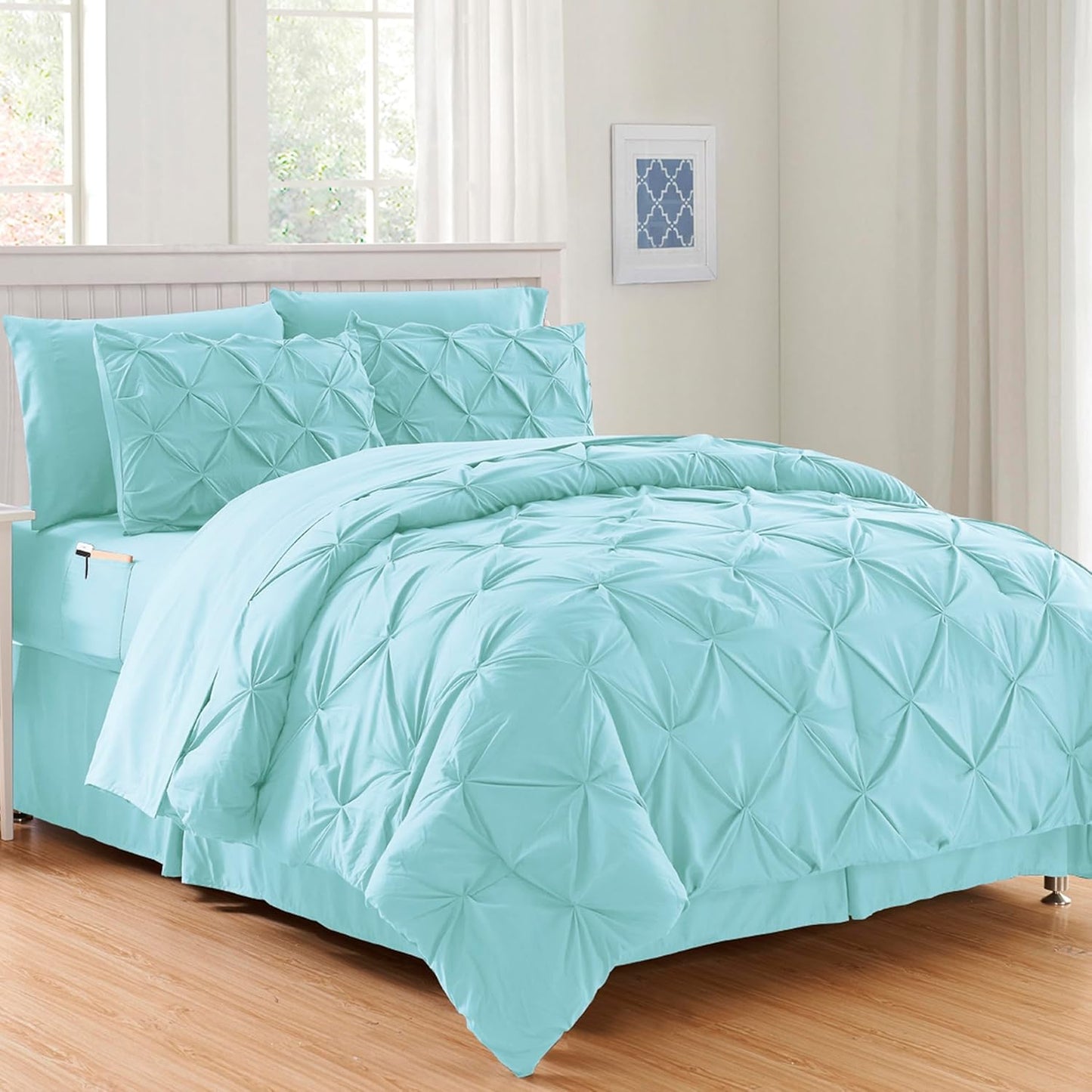 Aqua Blue Pinch Pleated 8 Piece Comforter Set