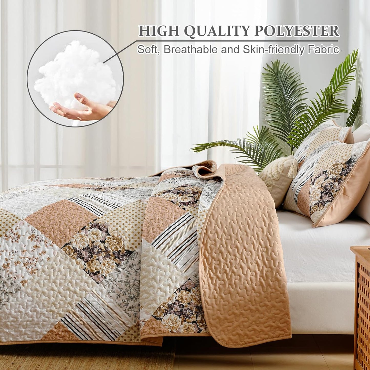 Beige & Peach Floral Patchwork 3 Piece Quilt Set