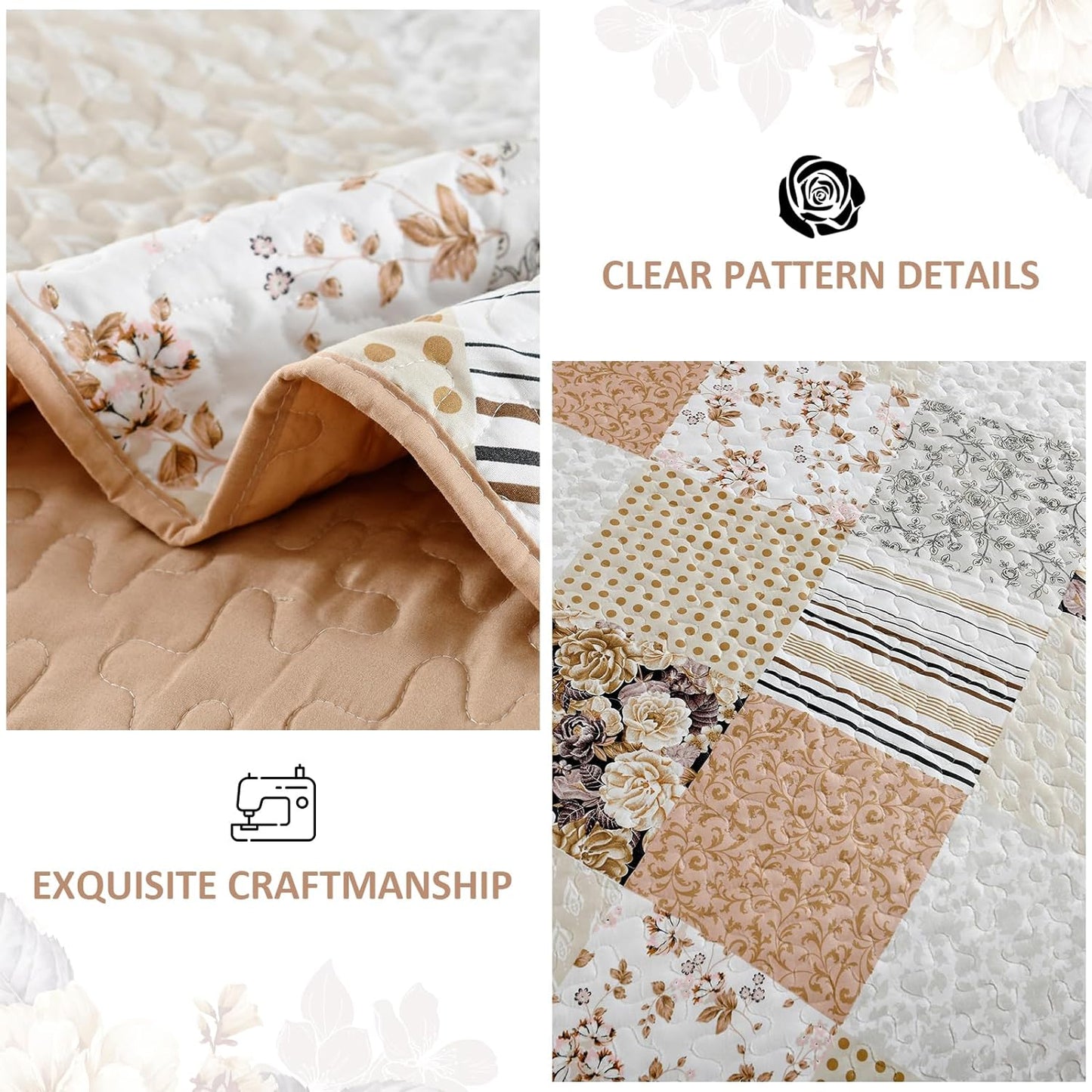 Beige & Peach Floral Patchwork 3 Piece Quilt Set