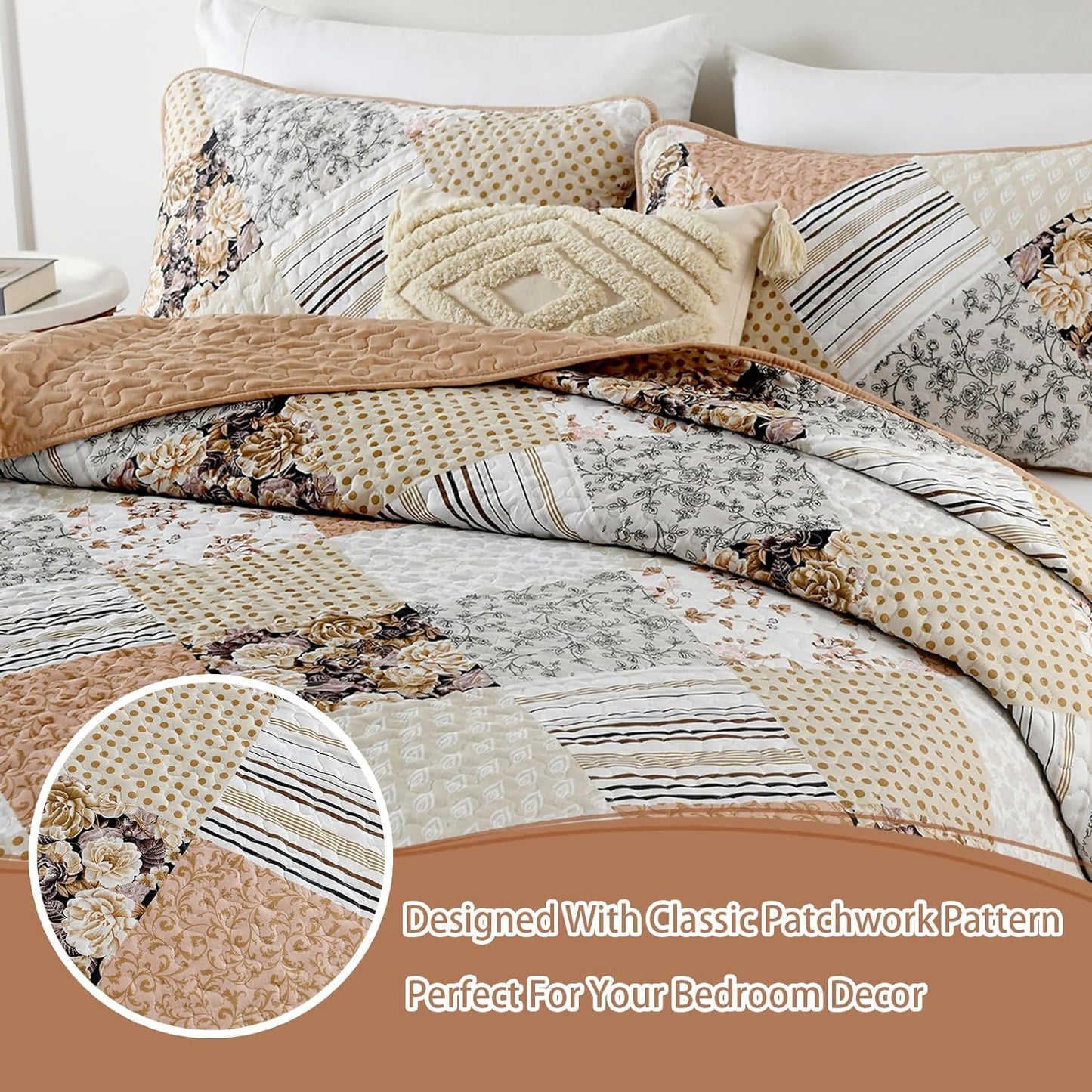 Beige & Peach Floral Patchwork 3 Piece Quilt Set