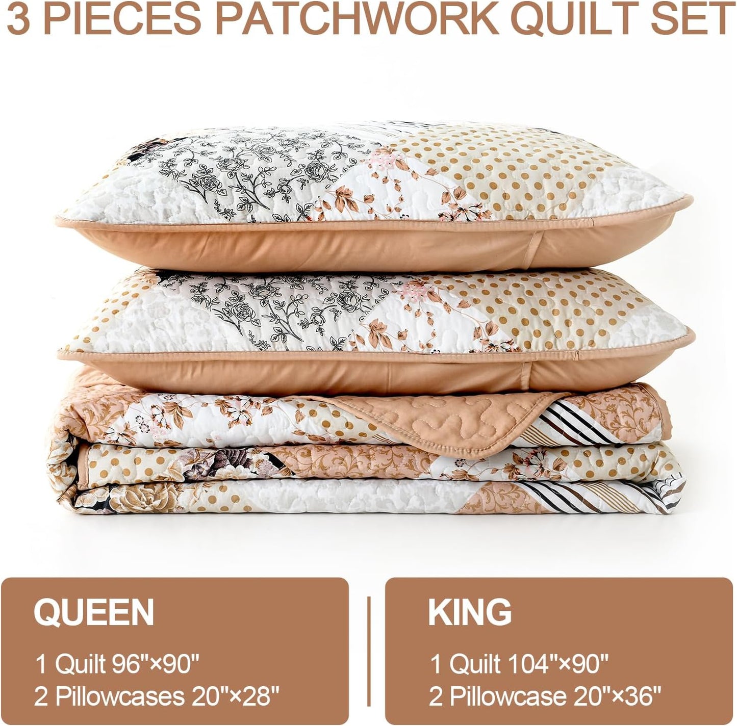 Beige & Peach Floral Patchwork 3 Piece Quilt Set