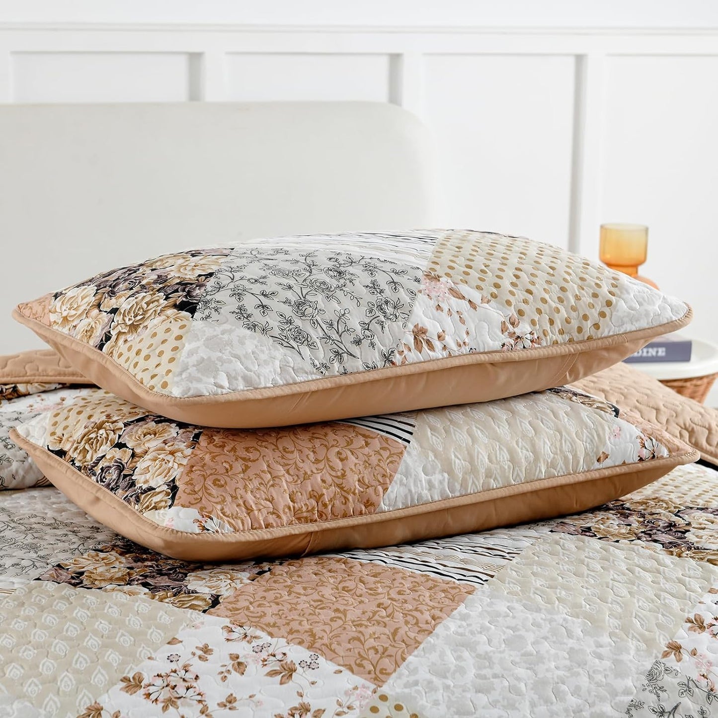 Beige & Peach Floral Patchwork 3 Piece Quilt Set