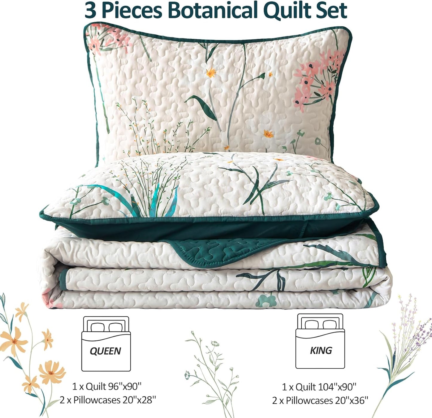 Country Rustic Blue & Pink Floral 3 Piece Reversible Quilt Set