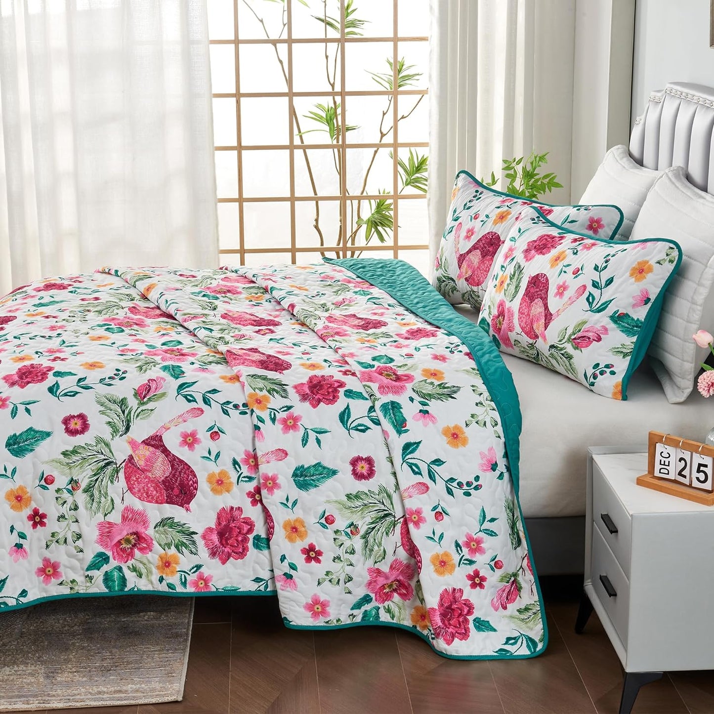 Floral Bird 4 Piece Reversible  Quilt Set