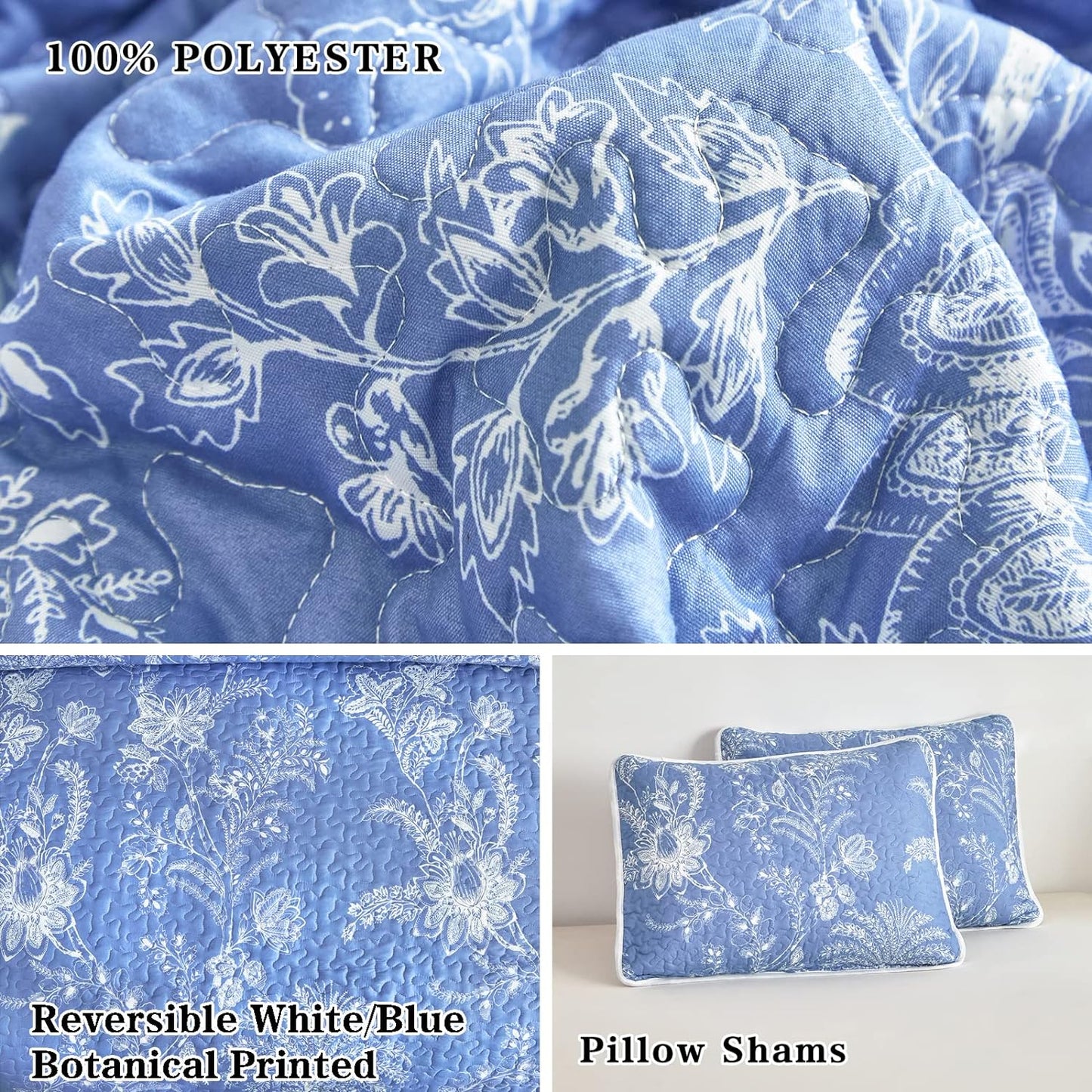 Botanical Blue & White Floral Reversible 3 Piece Bedding Quilt Set
