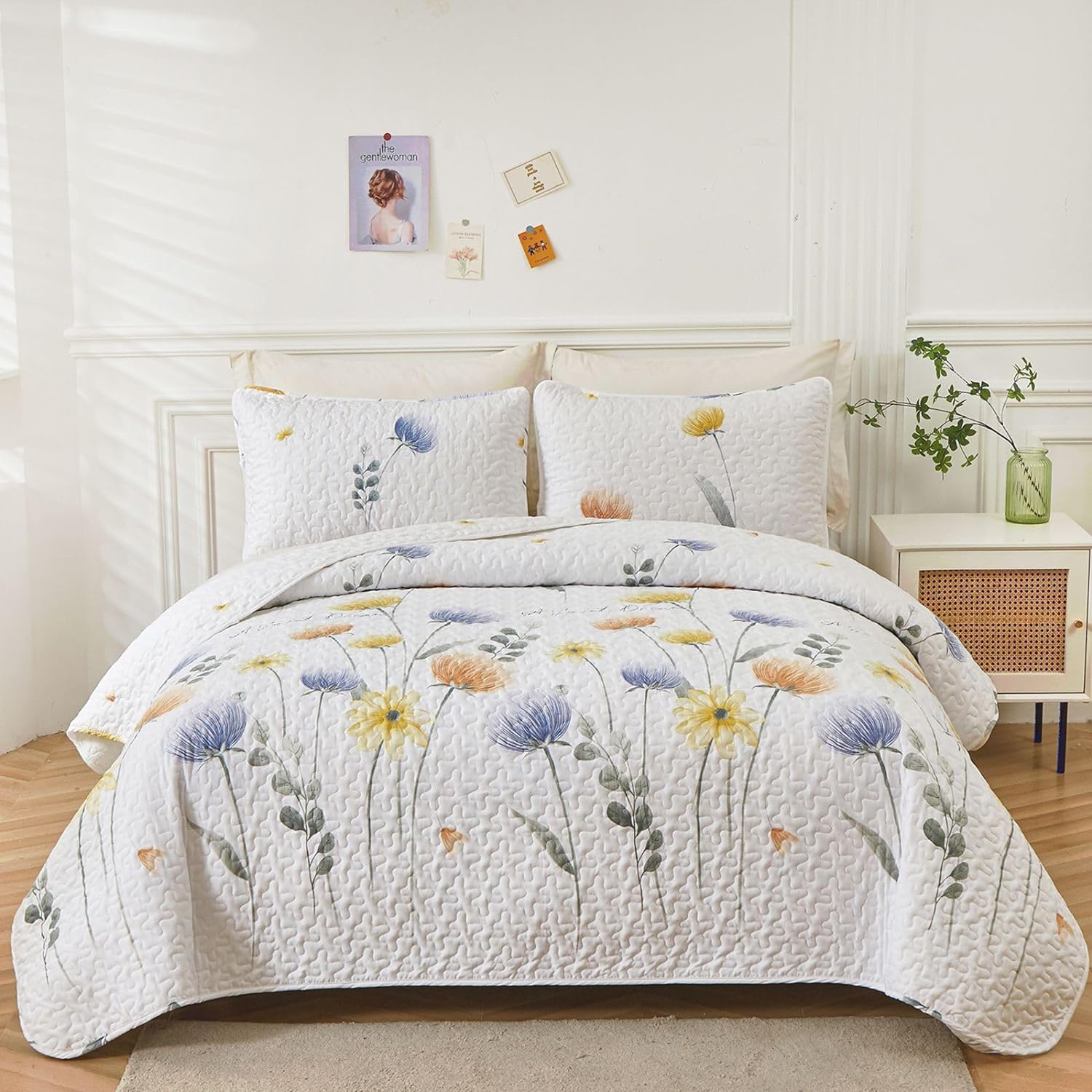 Blue & Yellow Floral 3 Piece Bedding Quilt Set – DIN's Warehouse