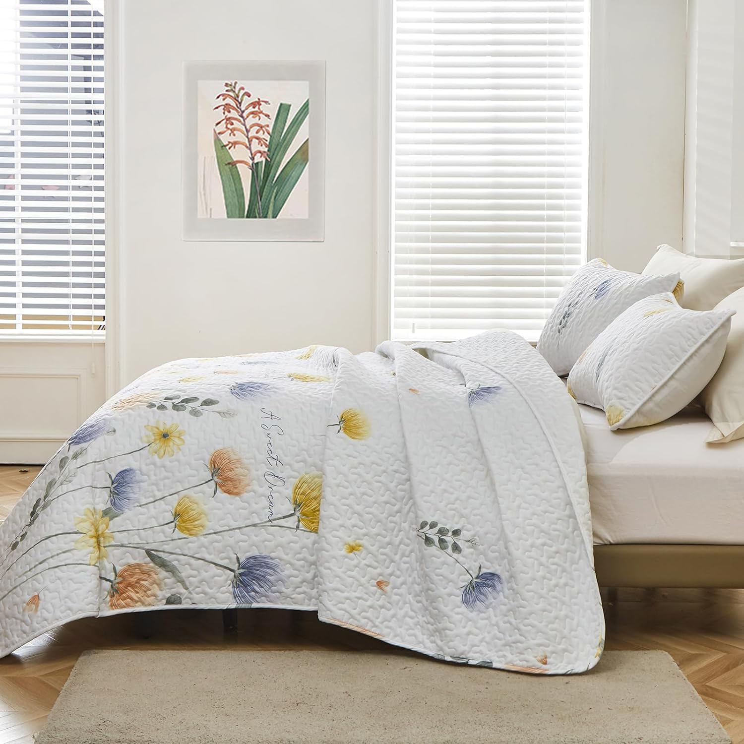 Blue Yellow Floral 3 Piece Bedding Quilt Set