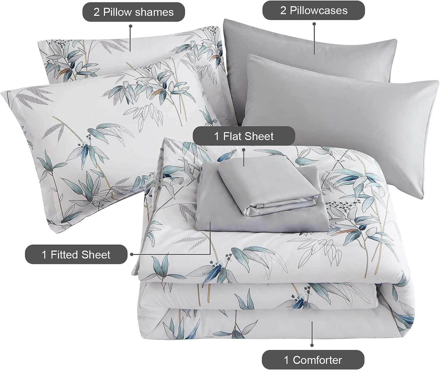 Botanical Blue Leaves Reversible 7 Piece Comforter Set