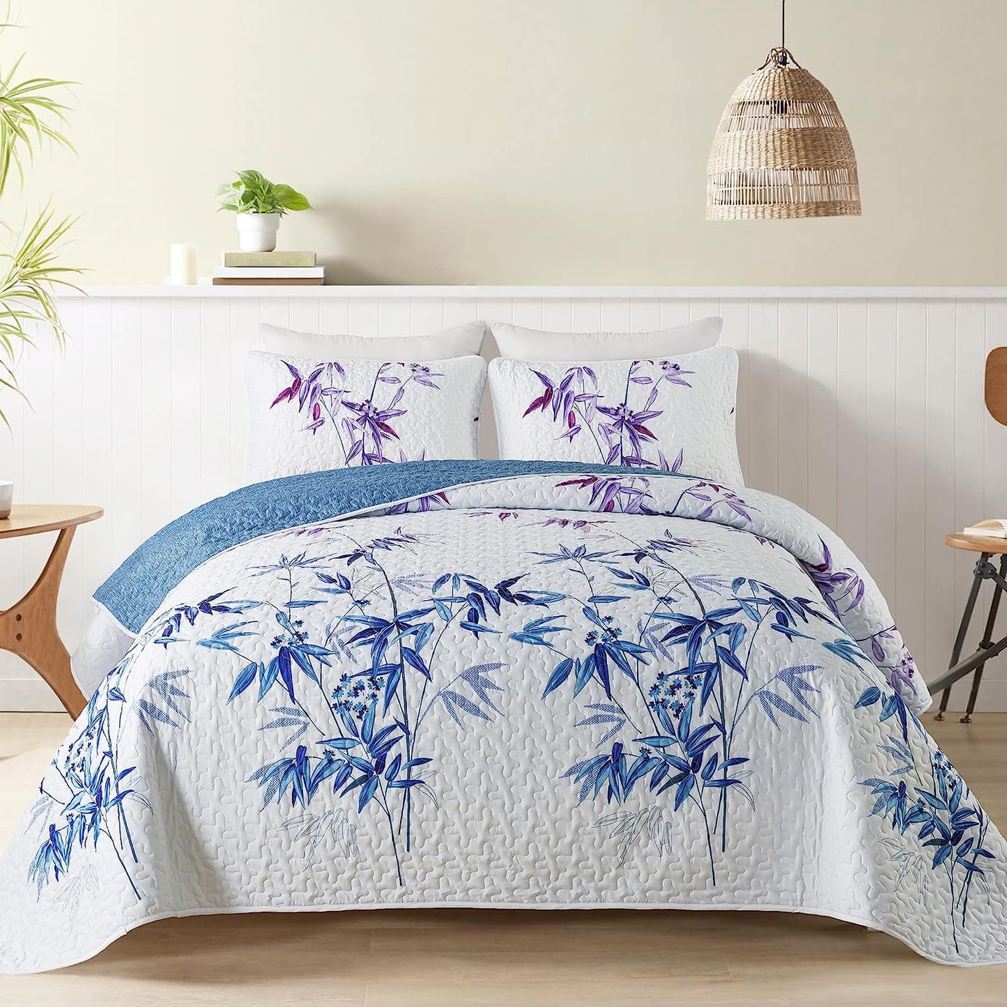 Botanical Blue / Purple Leaves Reversible 3 Piece Bedding Quilt Set